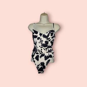 WeWoreWhat Danielle Black/White Cowhide Print Retro Belted One-Piece Swimsuit